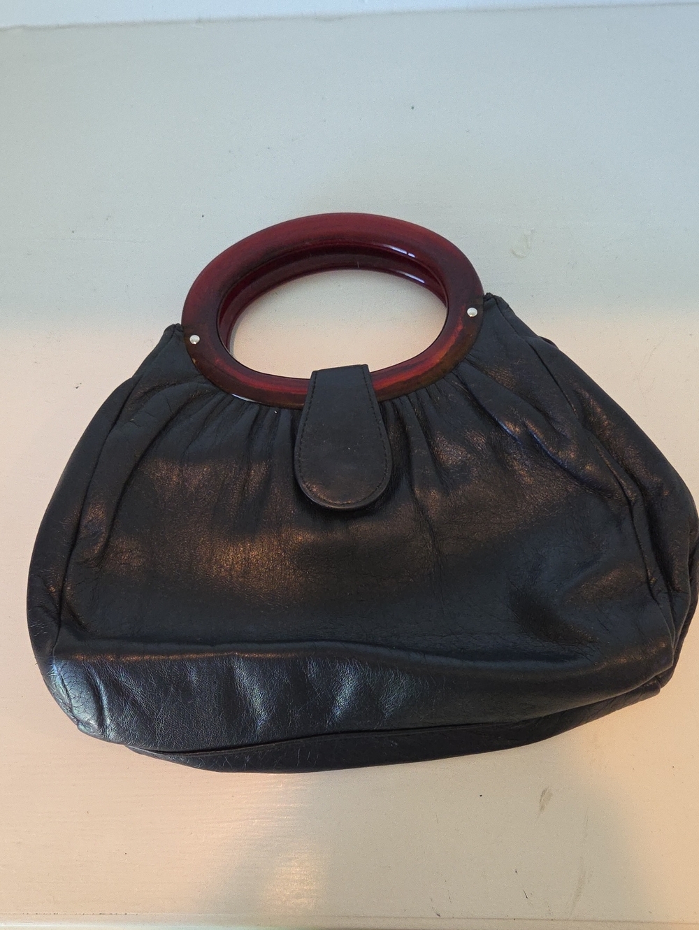 Vintage Navy Leather Ande Clutch Purse W/ Bakelite Lucite Handles